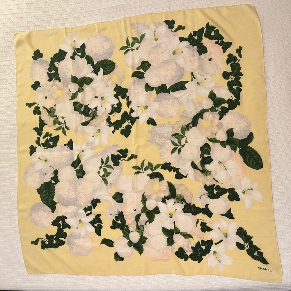 Chanel silk scarf in like new condition 34.6” x 33.8” soft yello, dark gr, white - Picture 1 of 3